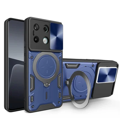 For Xiaomi Redmi Note 13 Pro 5G / Poco X6 5G Case Kickstand TPU+PC Phone Cover with Slide Lens Lid - Blue