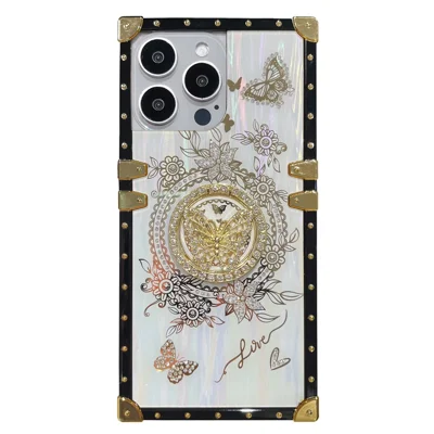 For iPhone 13 Pro Metal Corners Electroplated Butterfly Pattern TPU+PC Phone Cover with Kickstand - White