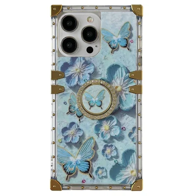 For iPhone 14 Pro Max Case Ring Kickstand Flower Butterfly Pattern TPU+PC Phone Cover - Blue