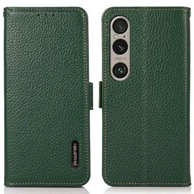 KHAZNEH Fodral för Sony Xperia 1 VI Sidmagnetisk Äkta Nötterläder RFID-skydd - Grön