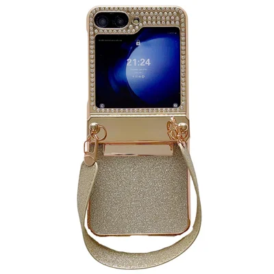 For Samsung Galaxy Z Flip7 FE 5G / Z Flip6 5G / Z Flip5 5 Case Hinge Protection Hard PC Glitter Phone Cover with Wrist Strap - Gold / Rhinestone Decor