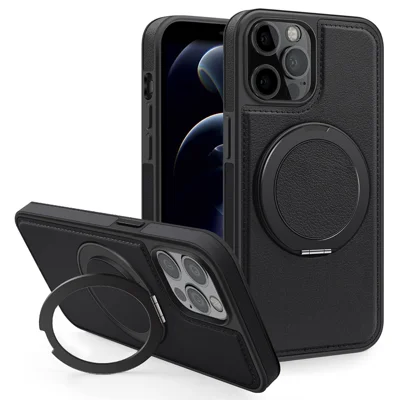 For iPhone 12 / 12 Pro Case with Ring Kickstand Compatible with MagSafe PU Leather Back Cover - Black