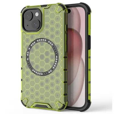 For iPhone 15 Case Honningkombdesign Magnetisk TPU+PC Telefonbeskyttelse - Grøn