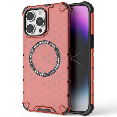 For iPhone 14 Pro Max Case Honeycomb TPU+PC Phone Cover Compatible with MagSafe - Red