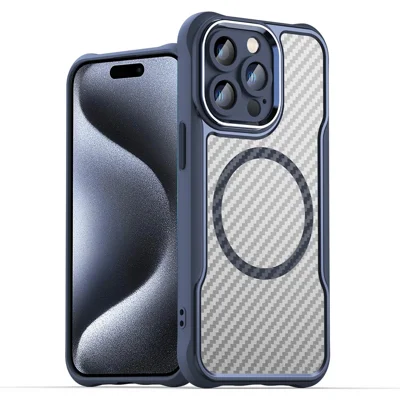 For iPhone 15 Pro Max Magnetic Case Smooth Carbon Fiber TPU+PC Translucent Phone Cover - Blue