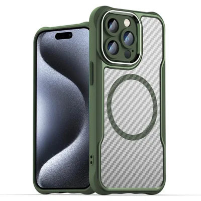 For iPhone 14 Pro Max Magnetic Case TPU+PC Translucent Carbon Fiber Texture Phone Cover - Green
