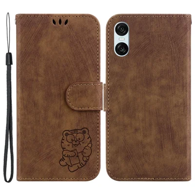 For Sony Xperia 10 VI Leather Case Phone Wallet Cover Cute Tiger Pattern - Brown