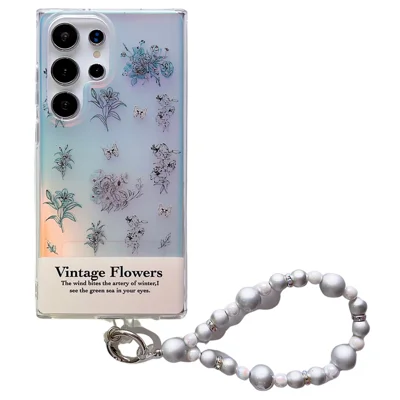 For Samsung Galaxy S24 Ultra Case Flower Pattern Laser Effect TPU Phone Cover with Chain Strap - Black Flower