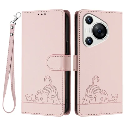 For Huawei Pura 70 Pro / Pura 70 Pro+ Case with Strap RFID Blocking Leather Wallet Phone Cover Cat Mouse Pattern - Pink