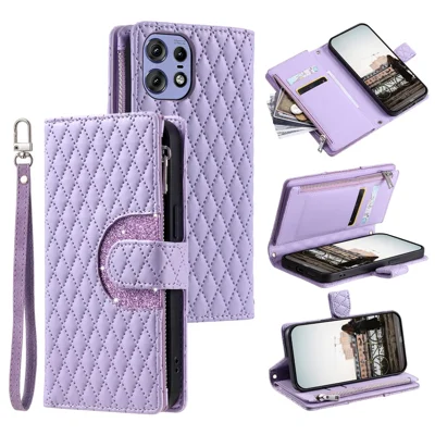 Style 012 for Motorola Edge 50 Pro 5G Case Zipper Pocket PU Leather Glitter Phone Cover - Purple