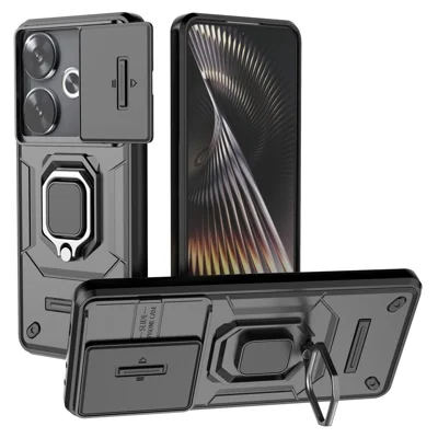 For Xiaomi Redmi Turbo 3 5G / Poco F6 5G Case Kickstand PC+TPU Phone Cover Sliding Lens Protection - Black