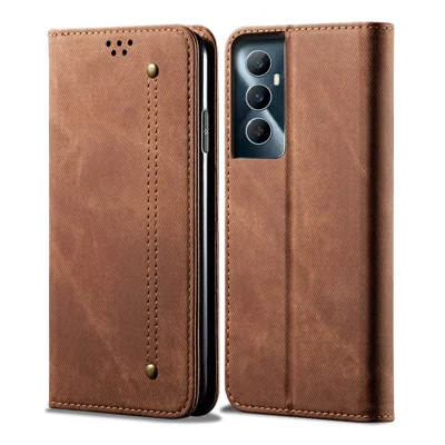 For Realme C65 4G Case Leather Jeans Cloth Texture Folio Flip Phone Cover - Coffee