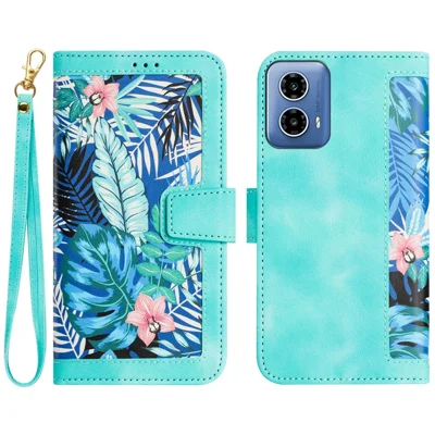 For Motorola Moto G 5G (2024) Case Flower Pattern PU Leather Phone Cover with Card Holder - Green