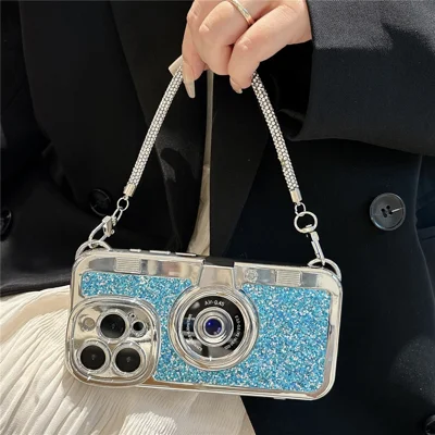 For iPhone 15 Pro Cover Camera Design Glitter Powder TPU Phone Case with Tote Strap - Blue