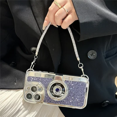 For iPhone 15 Pro Max Case Camera Shape Anti-Drop Phone Cover Glitter Powder TPU Phone Shell with Strap - Purple