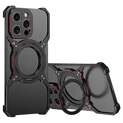 For iPhone 13 Pro Bumper Case Compatible with MagSafe Rotation Kickstand Metal Frameless Phone Cover - Black / Red