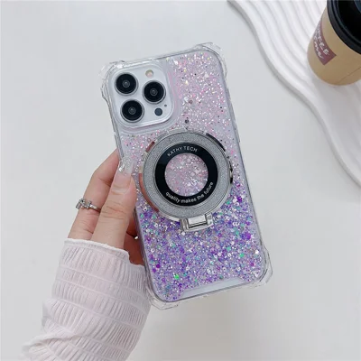 For iPhone 13 Pro Max Cell Phone Cases TPU+Acrylic Gradient Cover with Magnetic Ring Kickstand - Pink+Purple