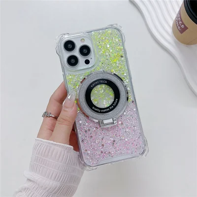 For iPhone 13 Pro Max Cell Phone Cases TPU+Acrylic Gradient Cover with Magnetic Ring Kickstand - Yellow+Pink
