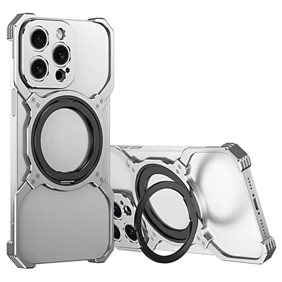 For iPhone 15 Pro Max Magnetic Bumper Case Frameless Rotary Kickstand Metal Phone Cover - Silver