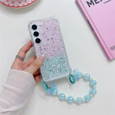 For Samsung Galaxy S24+ Gradient Case TPU+Acrylic Thicken 4 Corners Phone Cover with Hand Chain - Pink+Green