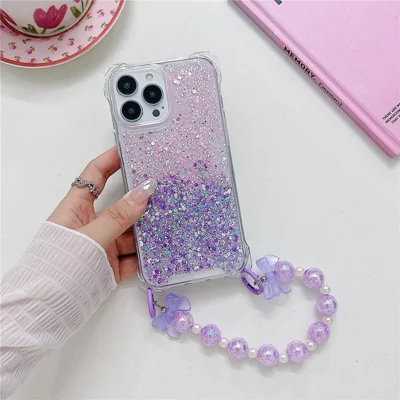 For iPhone 15 Pro Max Case TPU+Acrylic Thicken 4 Corners Phone Cover with Beaded Bracelet - Pink+Purple