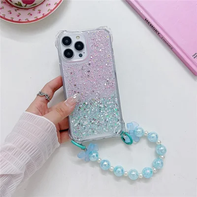 TPU+Acrylic Phone Case for iPhone 13 Pro   Phone Shell with Bead Wrist Strap - Pink+Green