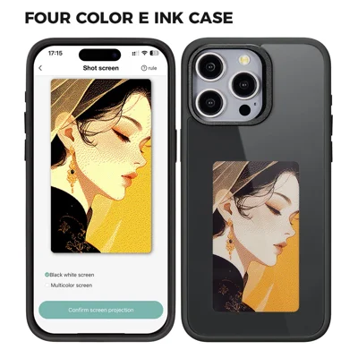 For iPhone 15 Pro E Ink Phone Case 4-Color Screen Play DIY Phone Cover - Black