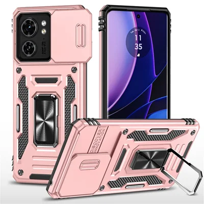 For Motorola Edge 40 5G Case Kickstand Slide Lens Lid PC + TPU Drop-Proof Phone Cover - Rose Gold