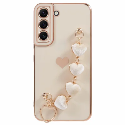 For Samsung Galaxy S22 5G Shockproof Case Electroplating TPU Phone Cover with Strap - White