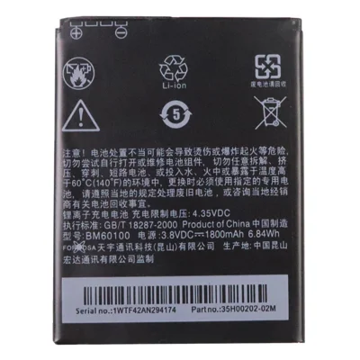 Vervangende telefoonaccu voor HTC Desire 400/500/600/506E/606W/609D/5060/C525C/T528/T606W/T608T/Z4 3,8 V 1800 mAh (code: BM60100) (zonder logo)