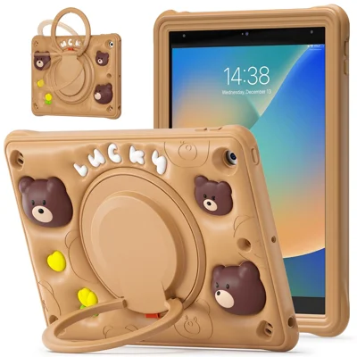 For iPad 10.2 (2021) / (2020) / (2019) Case Cartoon Bear Silicone Tablet Cover with Kickstand