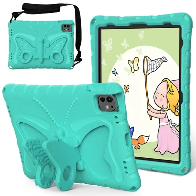 For iPad Pro 11 (2025) / 11 (2024) EVA Case Butterfly Kickstand Tablet Cover with Shoulder Strap - Mint Green