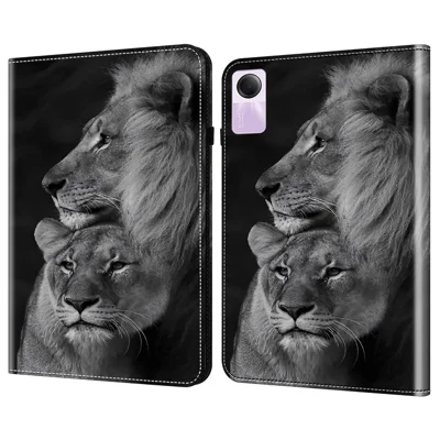 For Xiaomi Redmi Pad SE Case Card Slots PU Leather Pattern Printed Tablet Cover - Couple Lions
