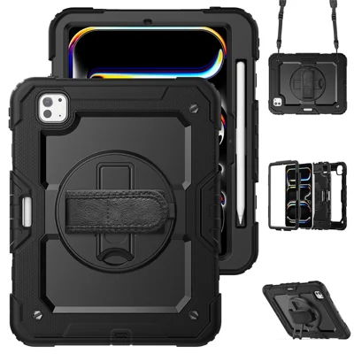For iPad Pro 11 (2025) / 11 (2024) Case PC+Silicone Tablet Cover with Screen Protector Pencil Holder - Black