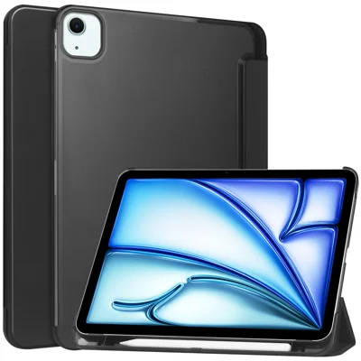 غطاء لوحي ذكي من جلد البولي يوريثان لجهاز iPad Air 11 (2025) / (2024)، أسود بأربطة ناعمة وخلفية مطفية مع حامل قلم مدمج