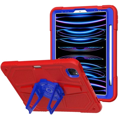 For iPad Pro 11-inch (2018) / (2020) / (2021) / (2022) / Air (2020) / (2022) Case PC + Silicone Kickstand Tablet Cover with Pen Slot - Red / Blue