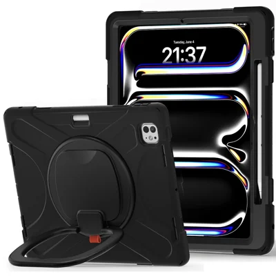 For iPad Pro 13 (2025) / (2024) Case PC+Silicone Tablet Cover Swivel Kickstand Handle Grip - Black