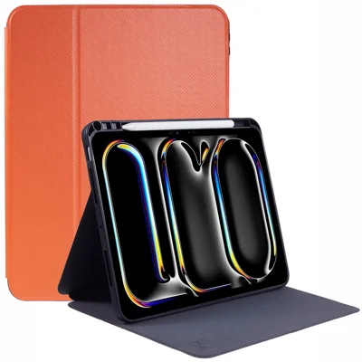 X-LEVEL For iPad Air 13 (2026) / (2025) / (2024) Case Carbon Fiber Texture Leather Tablet Cover with Stand Pen Holder - Orange