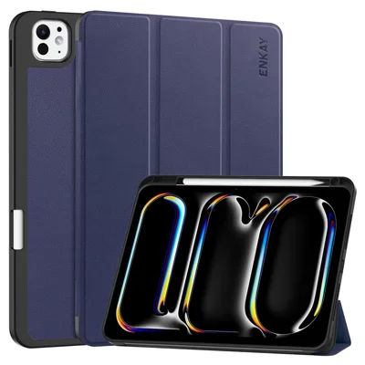 ENKAY HAT PRINCE For iPad Pro 13 (2025) / 13 (2024) Tri-Fold Stand Tablet Case PU Leather+TPU Smart Cover with Pencil Holder - Dark Blue