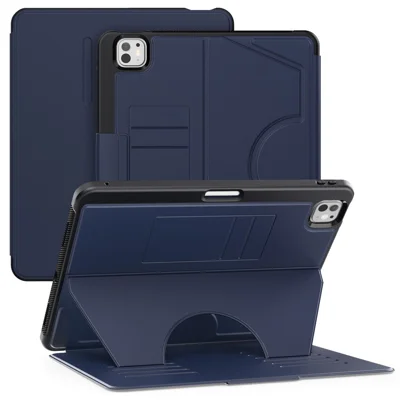 لـ iPad Pro 13 (2025) / 13 (2024) غطاء واقي من الصدمات PC+TPU+PU مع حامل على شكل حرف U وبفتحات للبطاقات - أزرق داكن