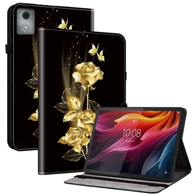 For Lenovo Tab K11 Plus Stand Case Pattern Print Card Slots PU Leather Tablet Cover - Gold Butterfly Rose