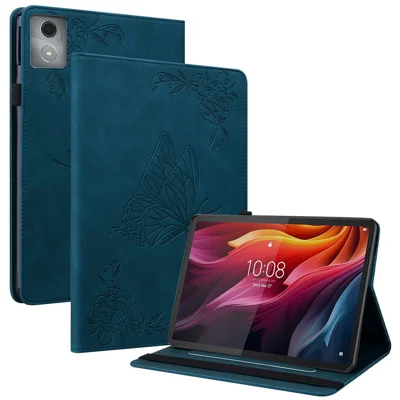 For Lenovo Tab K11 Plus Case Butterfly Flower Imprint PU Leather Tablet Cover with Card Slots - Blue
