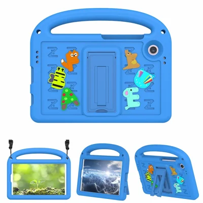For Samsung Galaxy Tab A11 / A9 Kickstand Case Cartoon Design Anti-Drop EVA+PC Tablet Cover with Strap for Kids - Blue