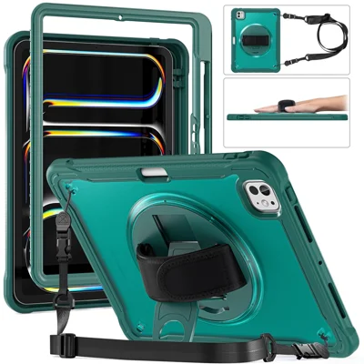 For iPad Pro 11 (2025) / 11 (2024) Case Hand Strap Kickstand PC+TPU+Silicone Cover with Shoulder Strap - Midnight Green