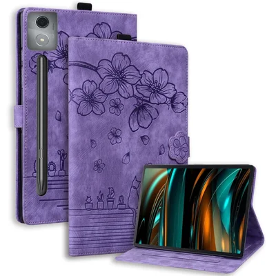 For Lenovo Xiaoxin Pad Pro 12.7 inch Case Card Slots Leather Tablet Stand Folio Cover Flower Cat - Purple