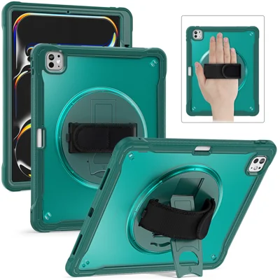 For iPad Pro 13 (2025) / (2024) Case Kickstand PC+TPU+Silicone Tablet Cover with Rotary Hand Strap - Midnight Green