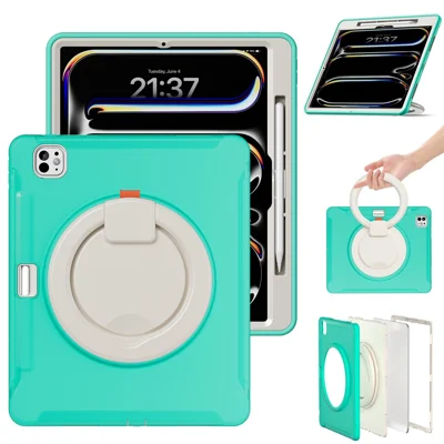 For iPad Pro 13 (2025) / (2024) Case Hand Grip Kickstand PC+TPU Cover with Pen Slot - Mint Green