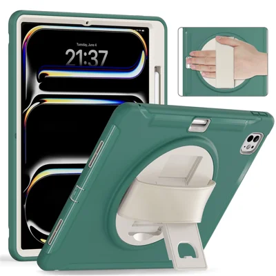 For iPad Pro 13 (2025) / (2024) Case Kickstand PC+TPU+Silicone Cover with Pen Slot - Emerald Green