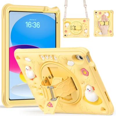 For iPad (2025) / 10.9 (2022) Case with Shoulder Strap Duck Pattern Hand Strap Kickstand PC+Silicone+TPU Cover