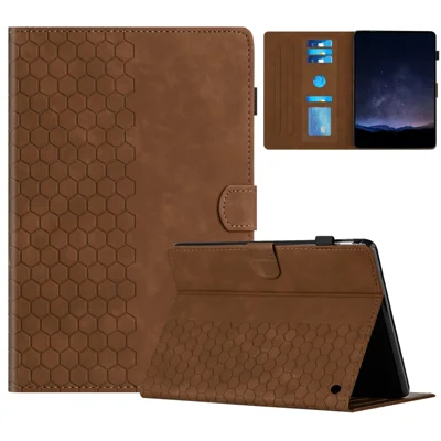For Amazon Fire HD 10 (2021) / HD 10 Plus (2021) Case Honeycomb Printed Leather Tablet Cover with Card Slot - Brown
